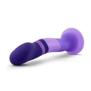 Side view of a Colourful stripy purple silicone dildo with suction cup bottom Nudie Co