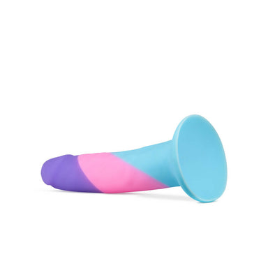 Side view of a colourful silicone dildo with strong suction cup Nudie Co