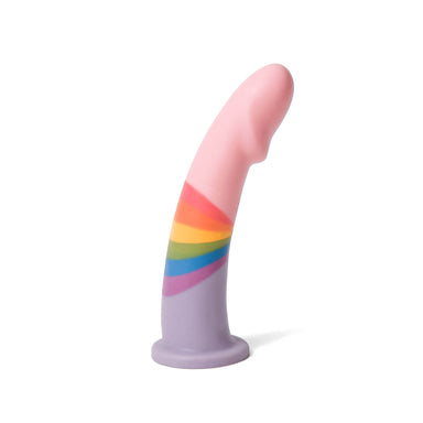 Pink and purple silicone dildo with a rainbow pattern in the iddle Nudie Co