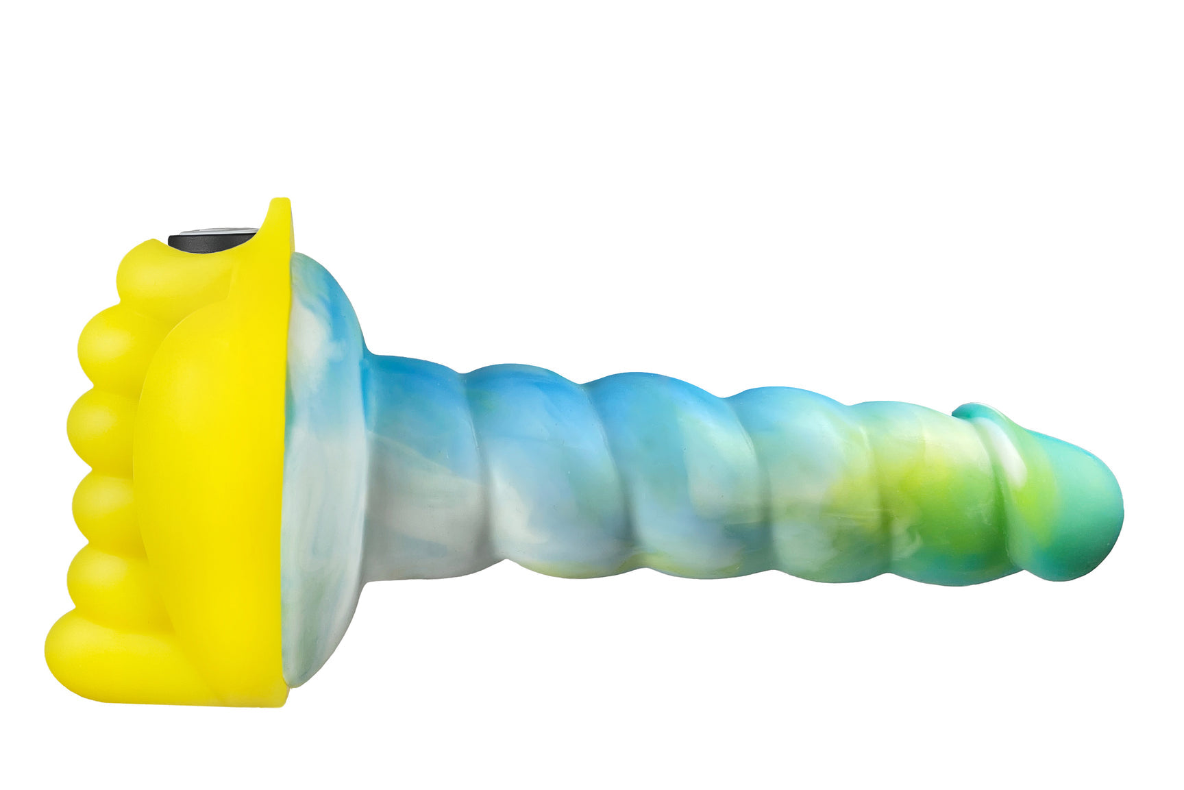 Yellow silicone stimulating cushion with bumps stuck on the flat end of a pale blue silicone dildo Nudie Co
