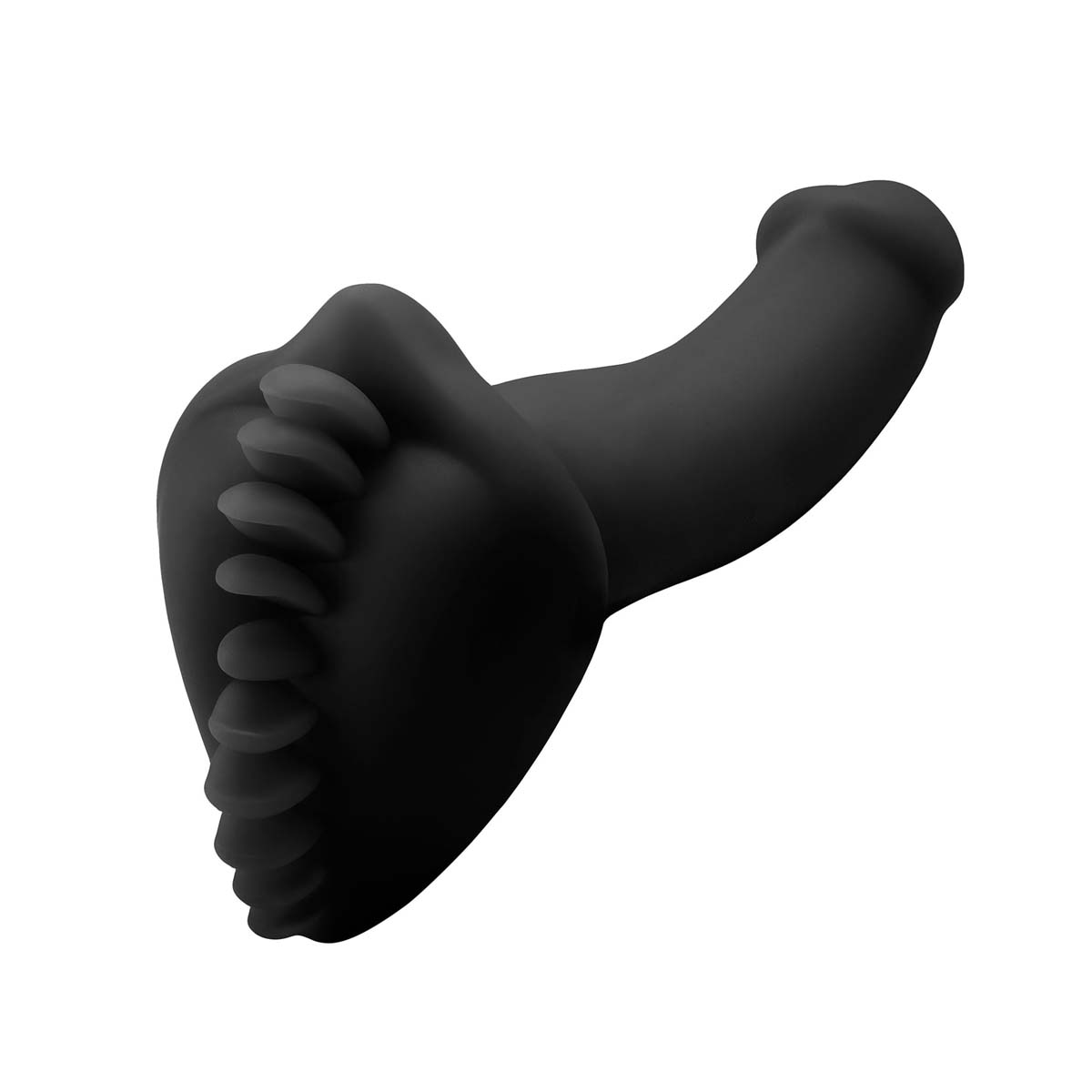Black silicone dildo stimulating cushion with soft tips along the centre over a black silicone dildo Nudie Co