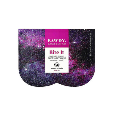 Pink and purple packaging of Bawdy Bite It butt sheet mask  Nudie Co
