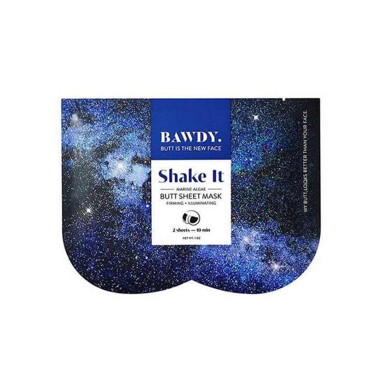 Blue packaging of Bawdy Shake It butt sheet mask  Nudie Co
