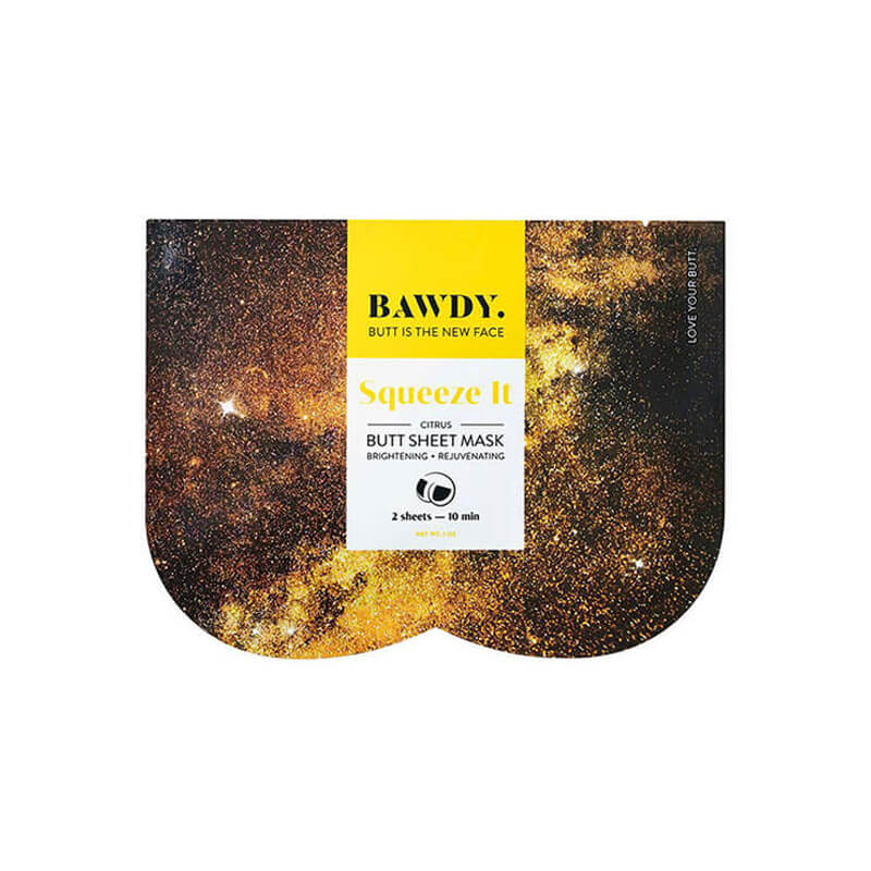 Yellow packaging of Bawdy Shake It butt sheet mask  Nudie Co