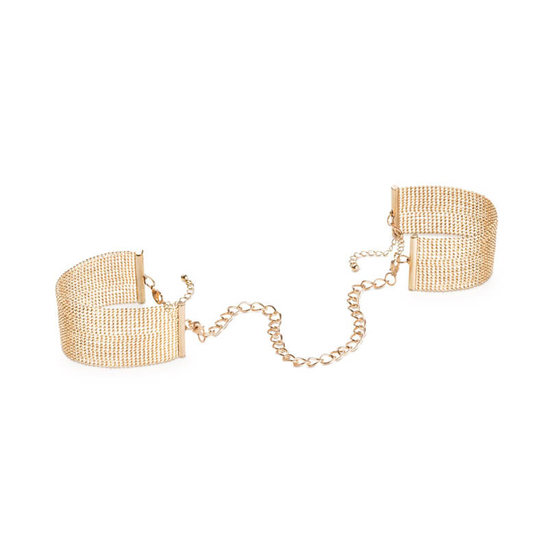 Gold mesh bracelets with chain to be worn as handcuffs  Nudie Co