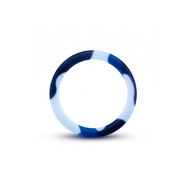 Side view of blue silicone cock ring with camouflage pattern Nudie Co