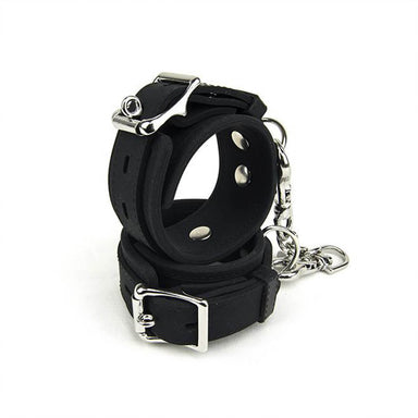 Two black silicone cuffs with silver metal details and chain Nudie Co