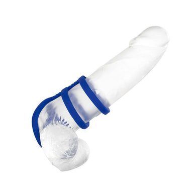 Blue silicone triple cock ring demonstrated on a clear silicone dildo Nudie Co