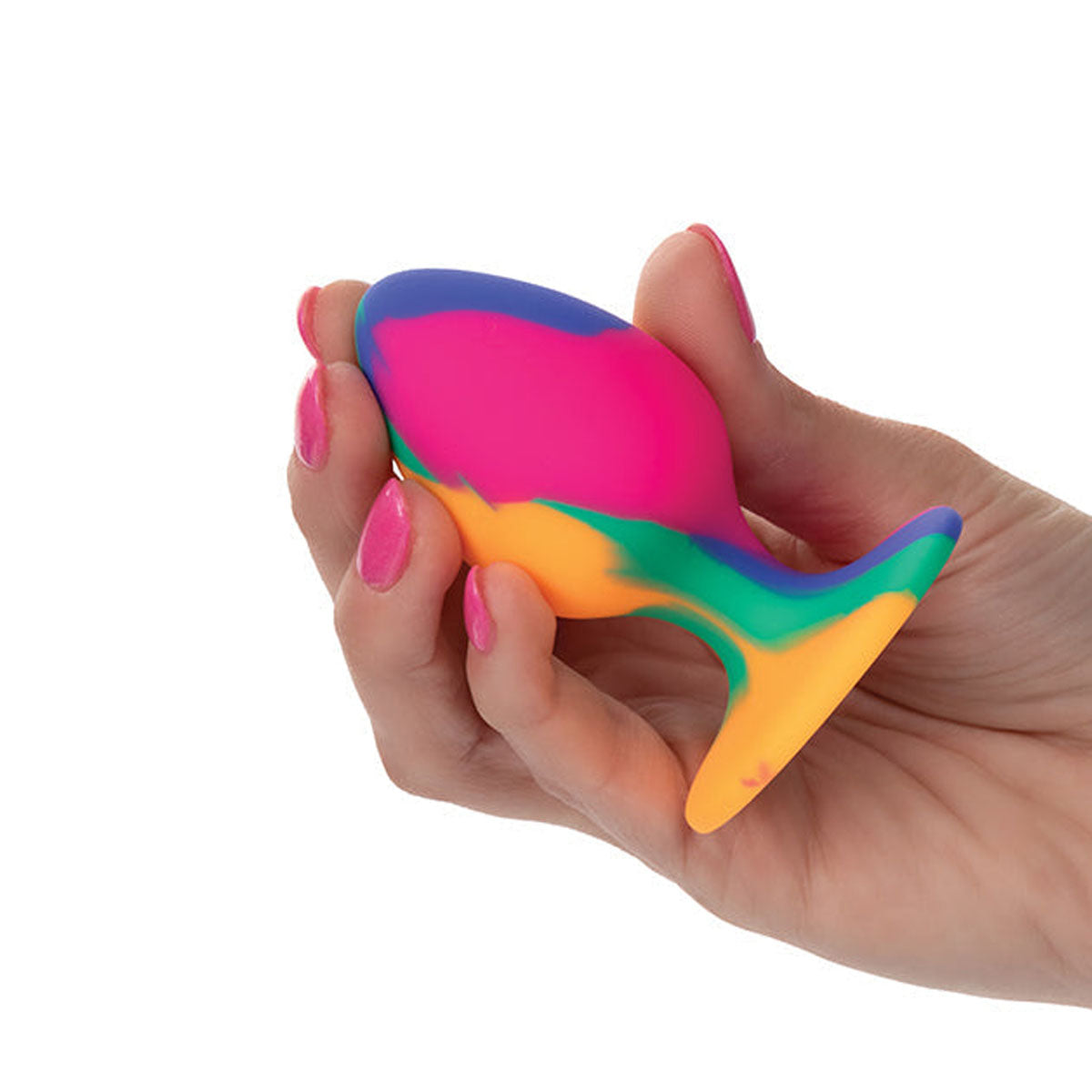 Hand holding a multicoloured tie die silicone plug with suction cup Nudie Co