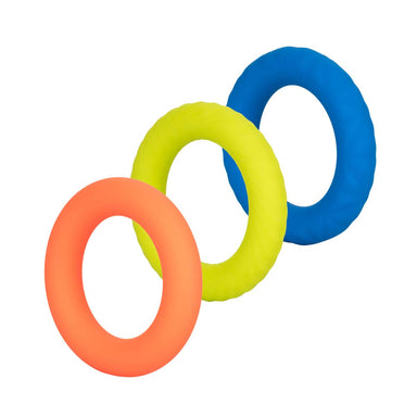 Set of three orange, yellow and blue super soft silicone cock rings with different textures Nudie Co