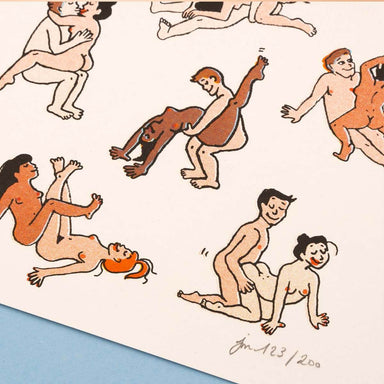 Close up of A3 art print with illustrations of naked couples practising Kamasutra and signature Nudie Co
