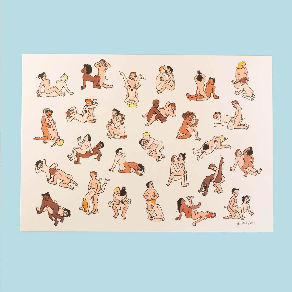 A3 art print with illustrations of naked couples practising Kamasutra Nudie Co