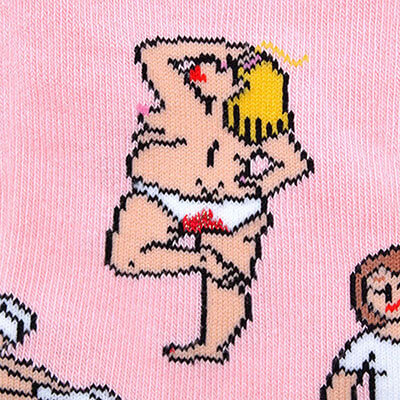 Close-up of pink sock printed with women having their periods Nudie Co