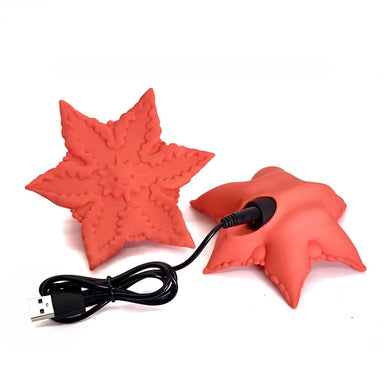 Coral star-shaped silicone vibrator for all genders and view of the back with USB charging cord Nudie Co
