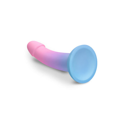 Bottom view of ombre blue and pink silicone dildo with suction cup Nudie Co