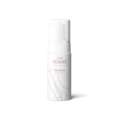 White bottle of Fig Femme Restore foaming daily wash for delicate intimate care Nudie Co
