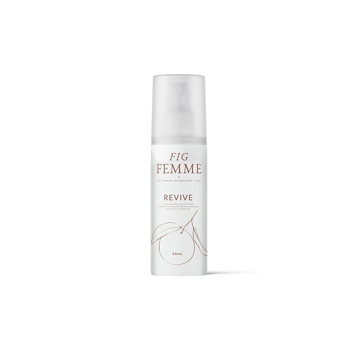 White bottle of Fig Femme Revive hydrating mist for delicate intimate care Nudie Co