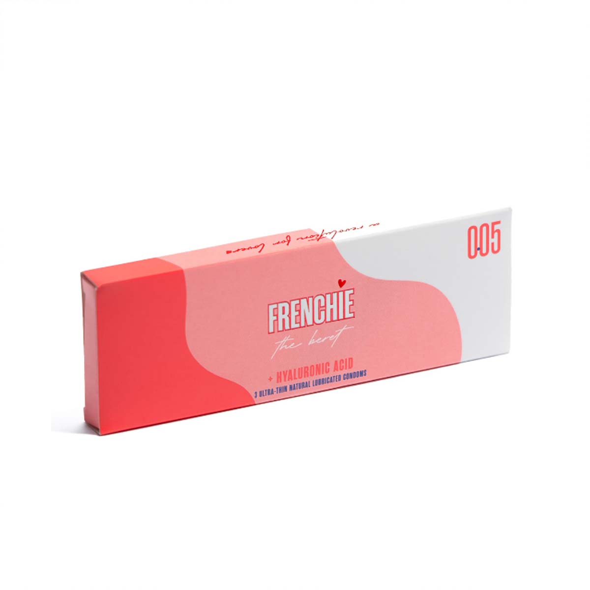 Red and white box of Frenchie vegan condoms with Hylaronic Acid Nudie Co