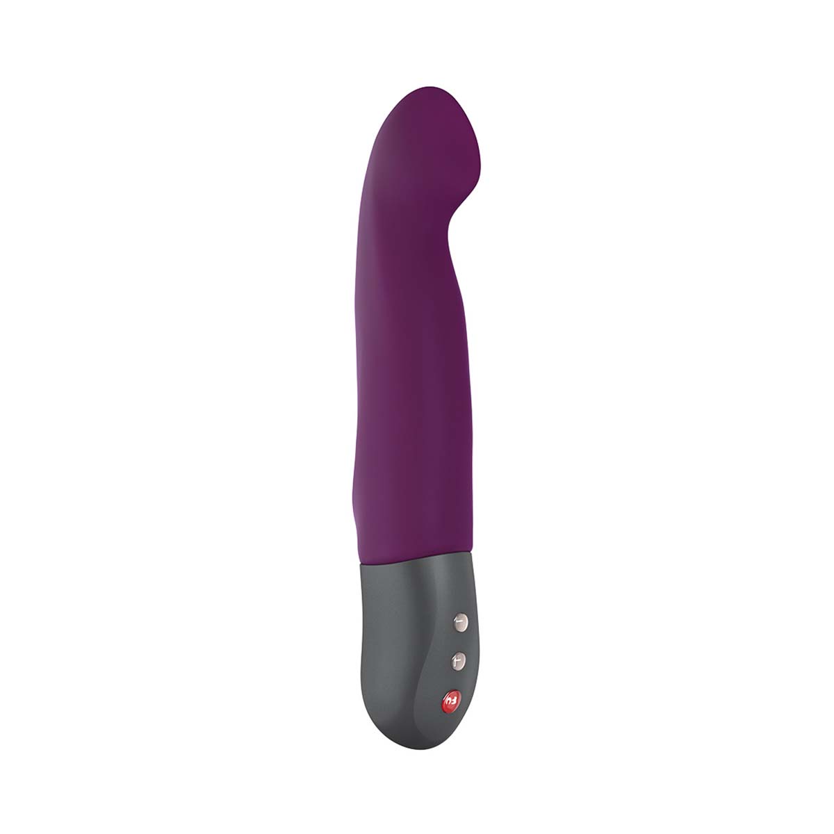 Purple Stronic G G-Spot thrusting vibrator with a grey handle and two buttons by Fun Factory over a white background Nudie Co