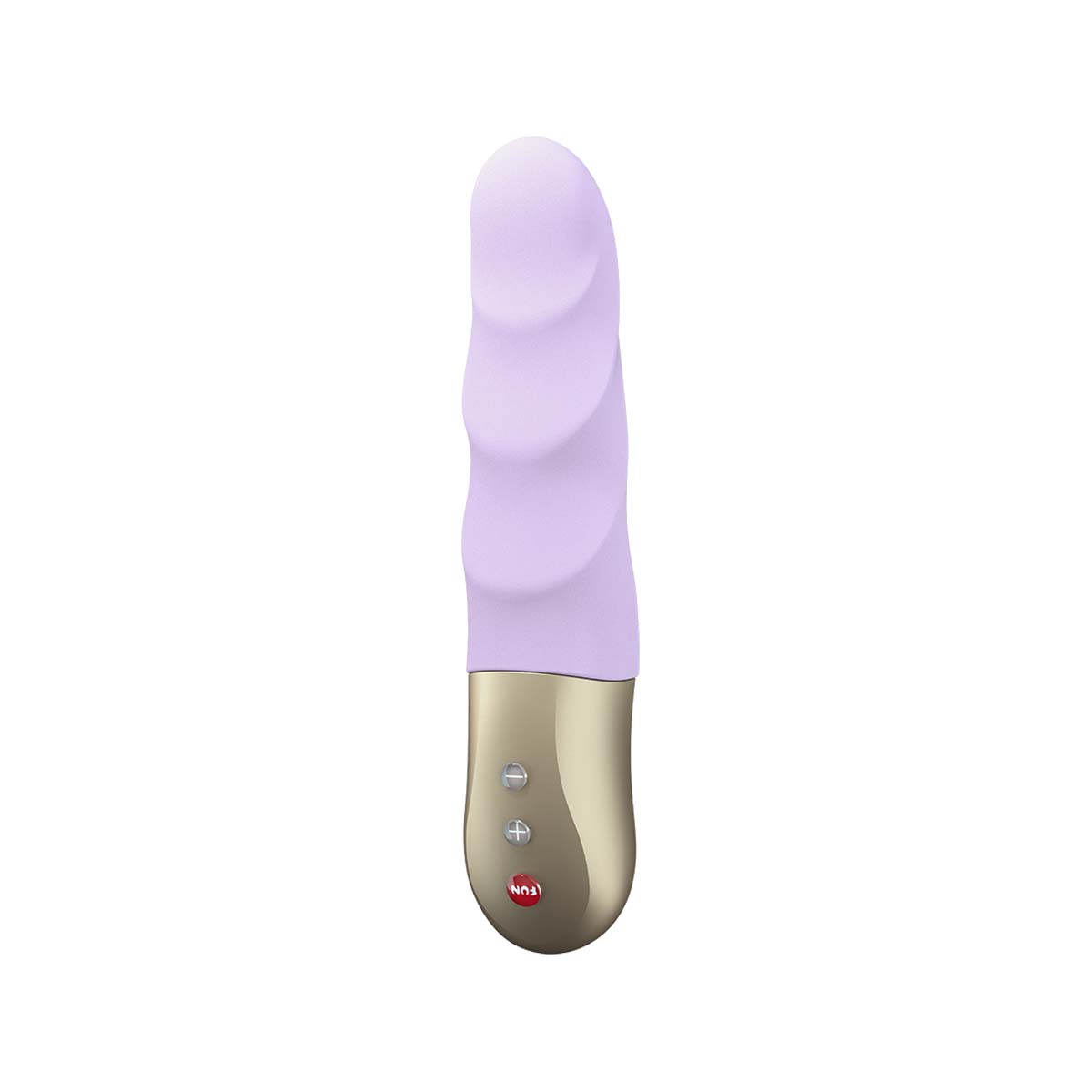 Lilac silicone thrusting vibrator with ridges for deep massage and golden handle with three buttons Nudie Co