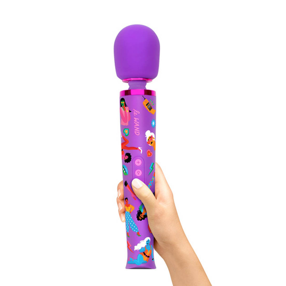 Woman's hand holding a Le Wand purple personal massager with empowering illustrations by artist Jade Purple Brown Nudie Co