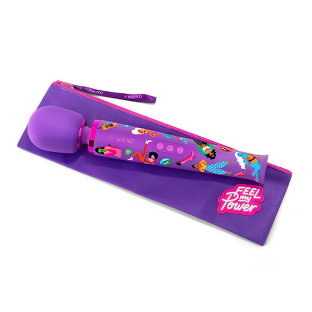 Le Wand purple personal massager with empowering illustrations by artist Jade Purple Brown and its purple travel bag Nudie Co