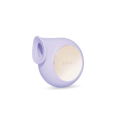 Purple round Lelo Sila clitoral masssger with wide mouth opening and golden holding plate on its side Nudie Co