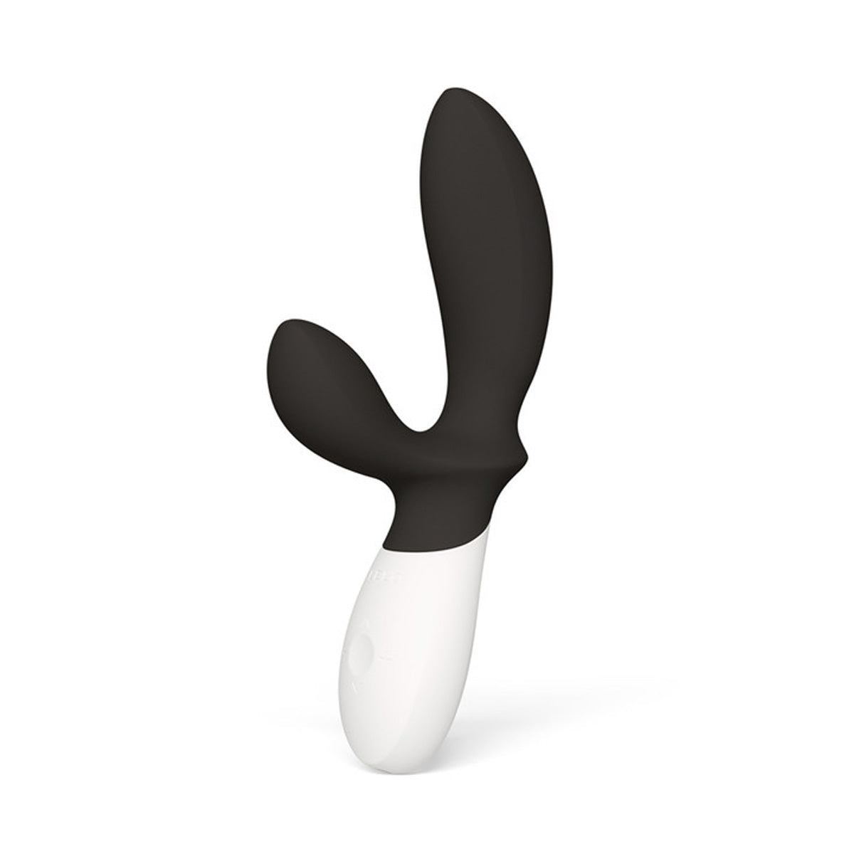 Black silicone prostate massager with two vibrating arms and a white handle  Nudie Co