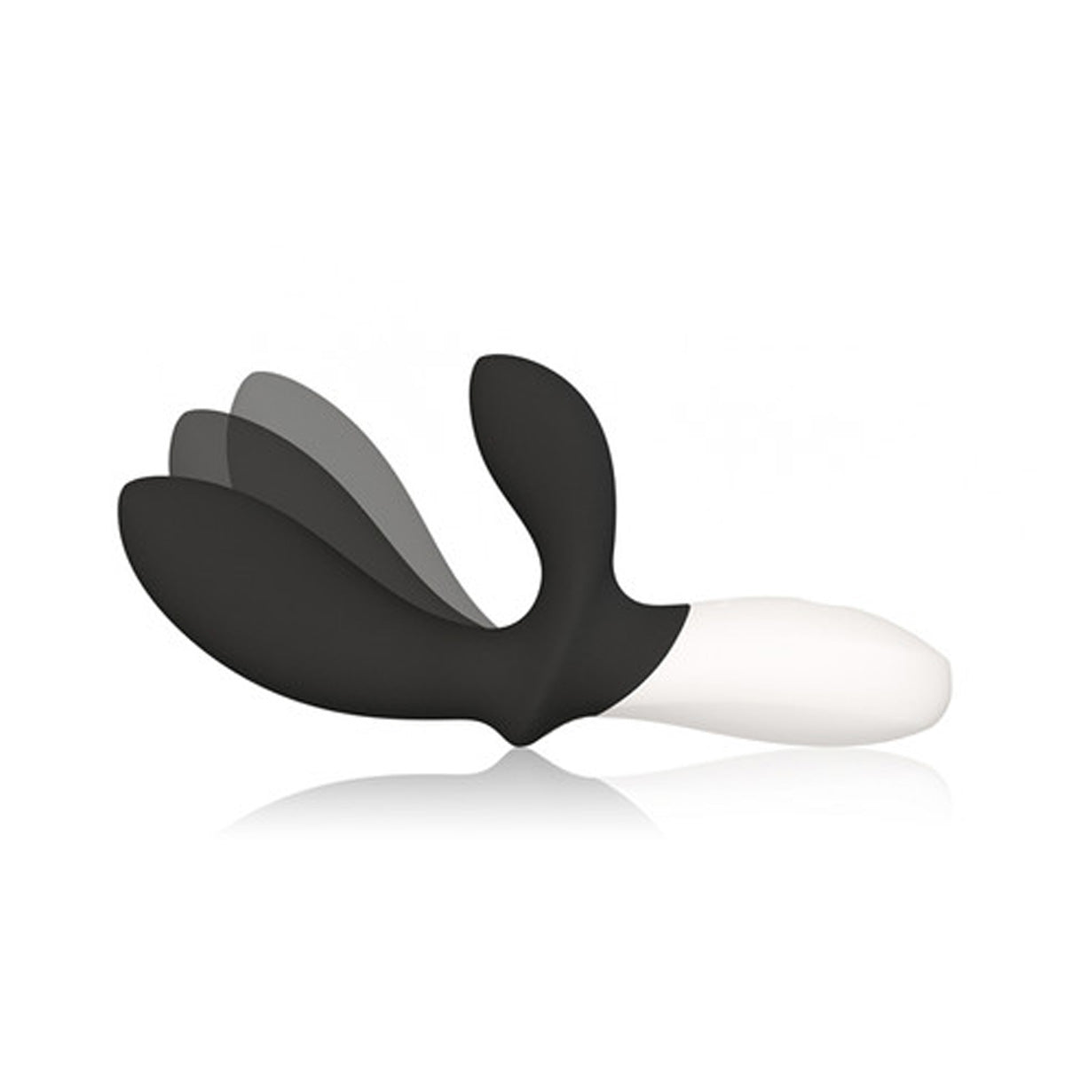 Black silicone prostate massager with two vibrating arms and a white handle  Nudie Co