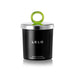 Black glass massage candle jar with metal lid and a green circular handle Nudie Co