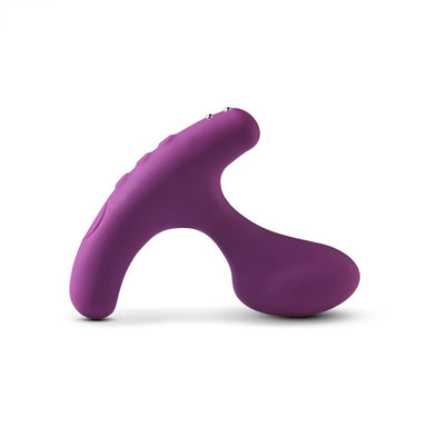 Side view of a purple silicone vibrator with a bulbous end for internal stimulation and a longer arm for external stimulation Nudie Co