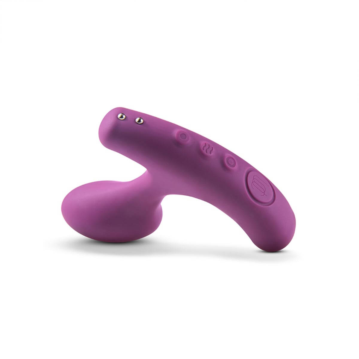 Top view of a purple silicone vibrator with a bulbous end for internal stimulation and a longer arm for external stimulation with buttons on top of external arm Nudie Co