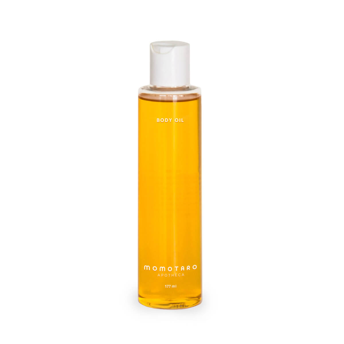 Tall bottle of yellow-coloured body oil with white cap Nudie Co