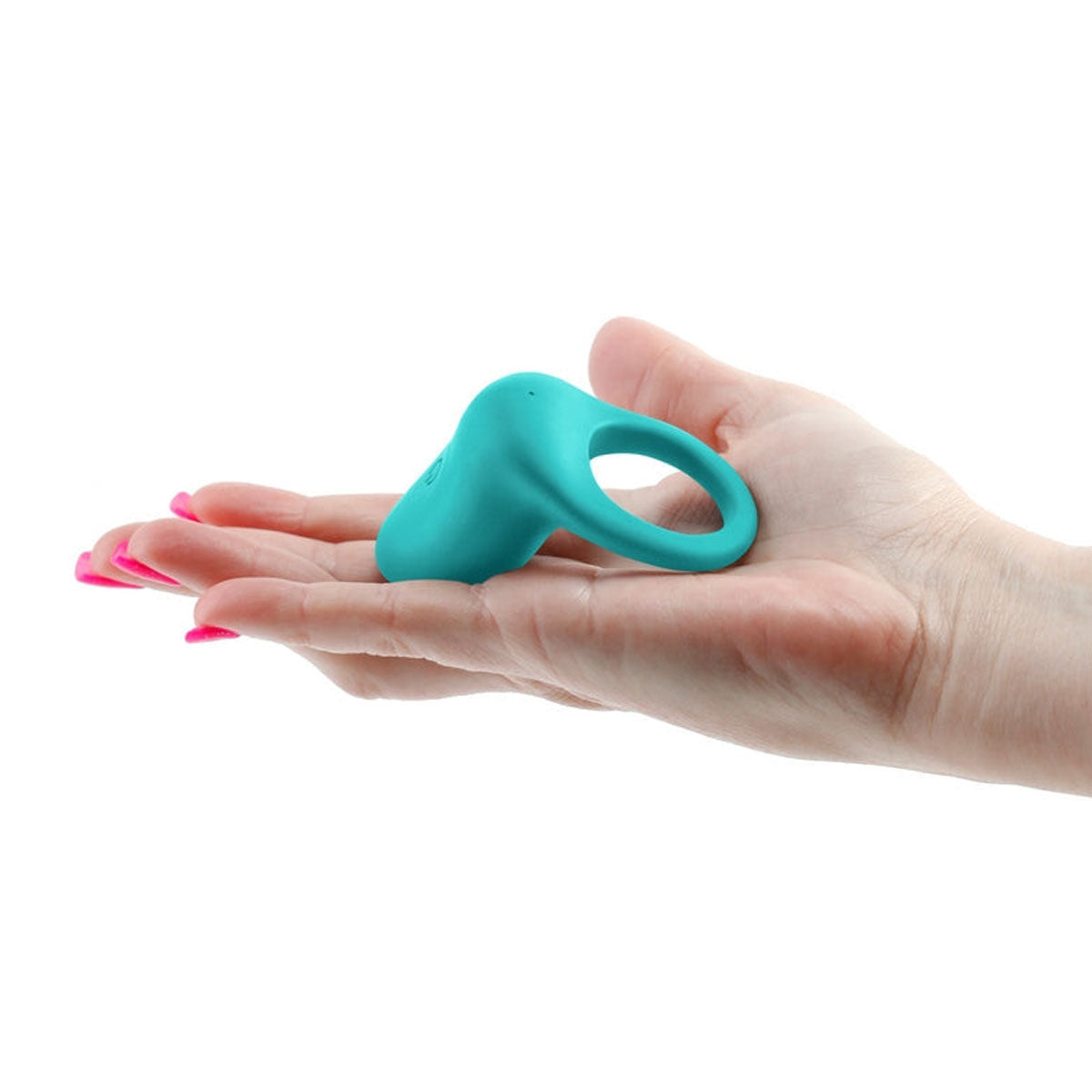 Woman's hand holding a teal vibrating silicone ring with a flat head Nudie Co