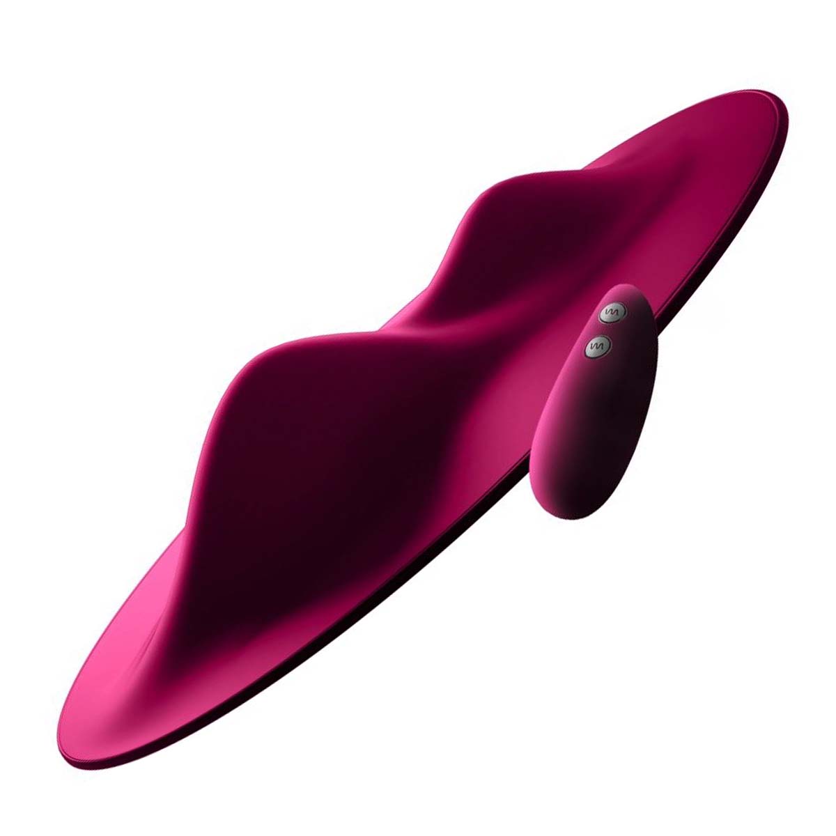 Side view of pink Orion Vibe Pad grinding vibrating silicone pad with two ridges and a remote Nudie Co
