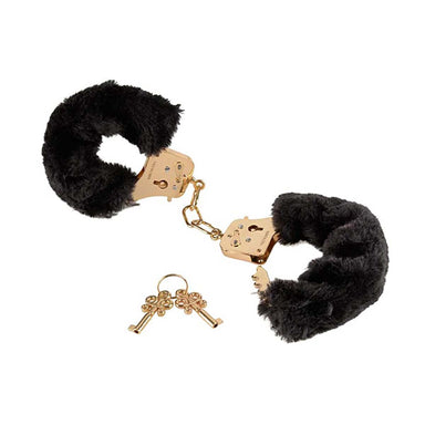 Black fluffy handcuffs with gold metal and two gold metal keys Nudie Co