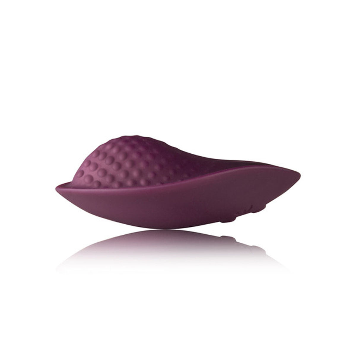 Side view of burgundy silicone vibrator with bumpy texture  on the top side Nudie Co