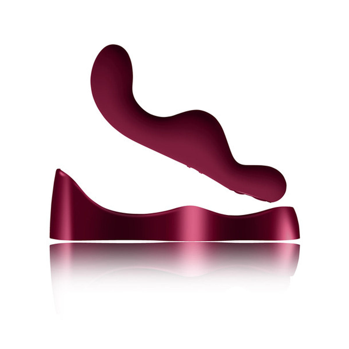 Burgundy wavy silicone vibrator coming off its metal charging dock Nudie Co