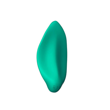 Side view of a green leaf-shaped silicone vibrator for grinding Nudie Co
