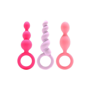 Set of three pastel-coloured soft silicone butt plugs with different shapes by Satisfyer Nudie Co