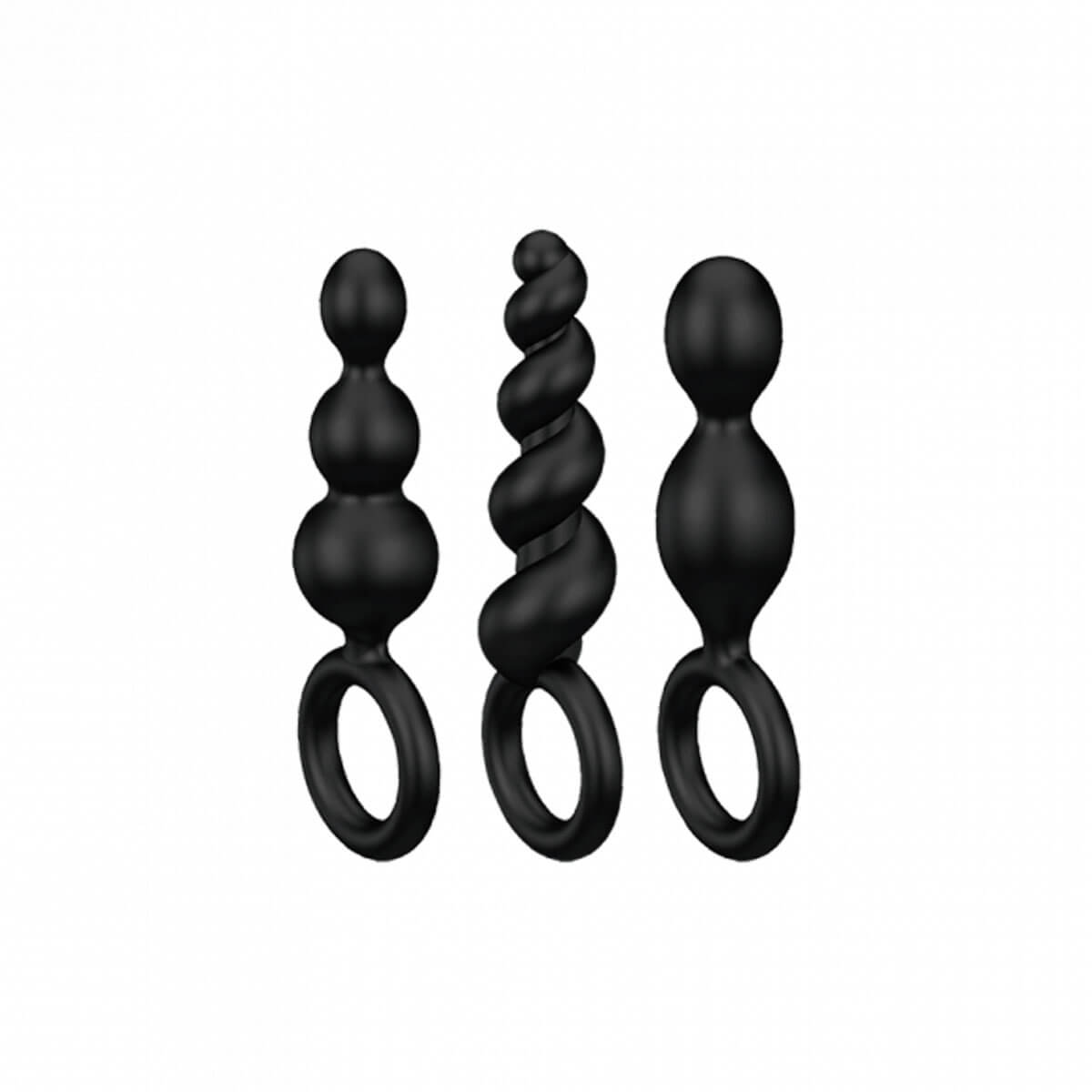 Set of three black soft silicone butt plugs with different shapes by Satisfyer Nudie Co