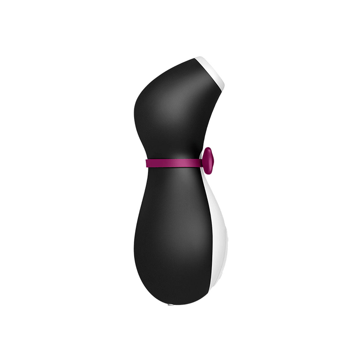 Side view of black and white penguin shaped air clitoral stimulator with red bow tie Nudie Co