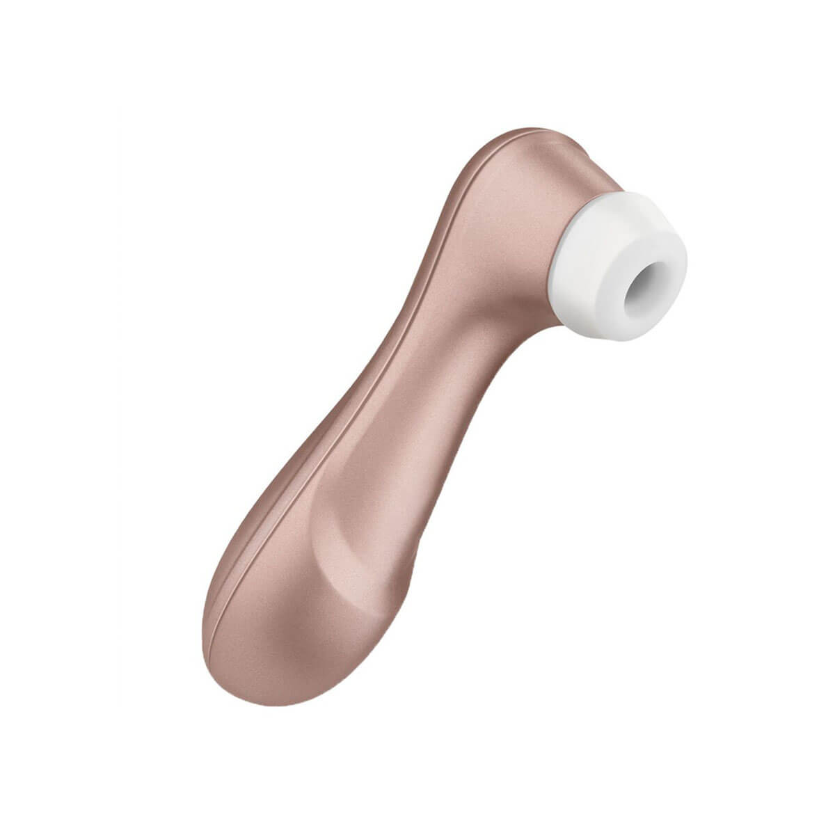 Side view of rose gold air suction vibrator with white silicone nozzle Nudie Co