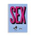 Book for sex education with blue cover, pink writing  and two black and white bird and bee illustrations Nudie Co
