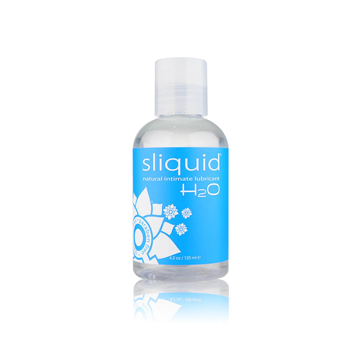 Small bottle of clear vegan intimate lubricant with blue label by Sliquid Nudie Co