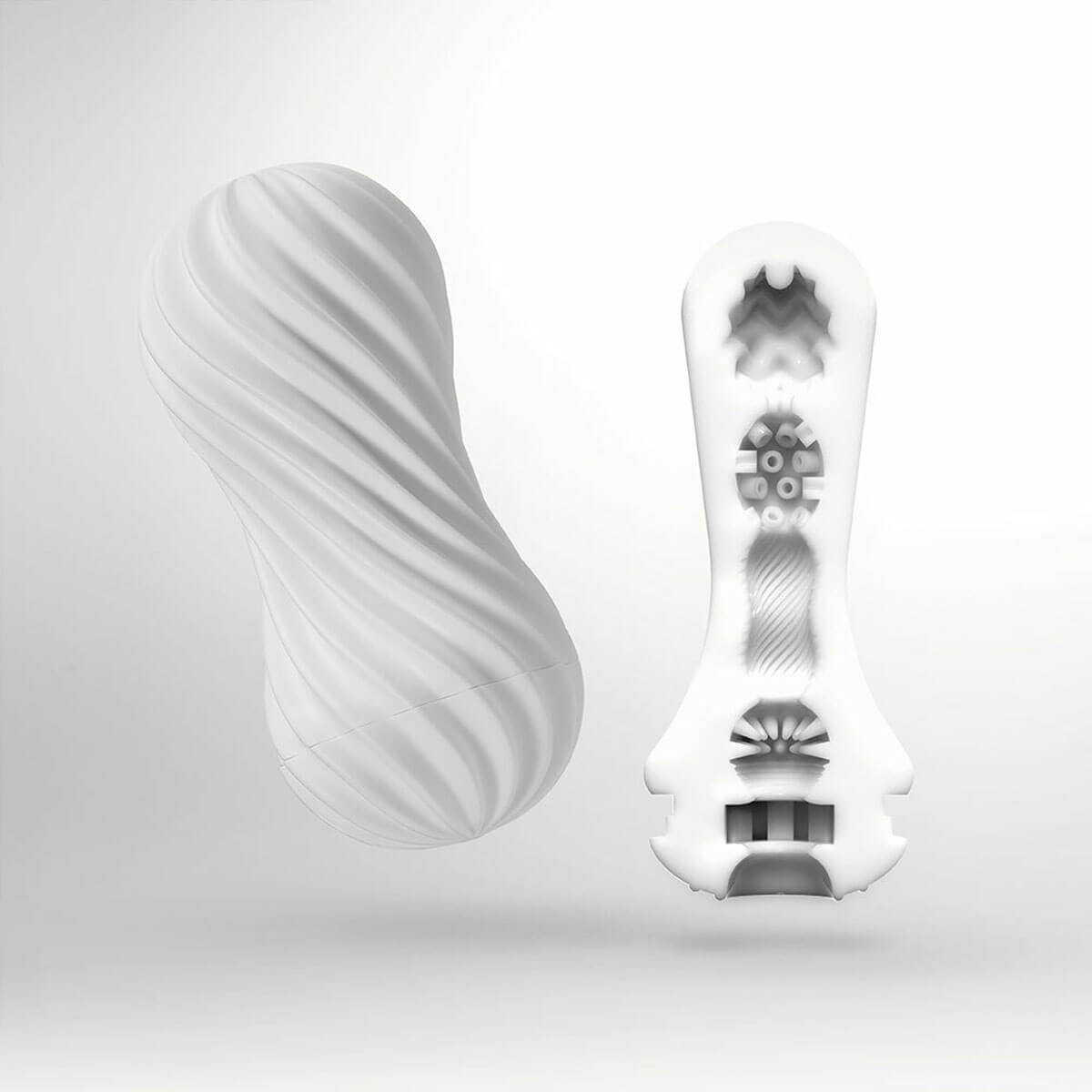 View of white penis masturbation sleeve with spiral-ribbed casing, and  sectional view of inside the soft sleeve Nudie Co