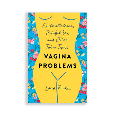 Book for sexual wellness education about vagina problems, with floral blue cover and yellow female body illustration Nudie Co