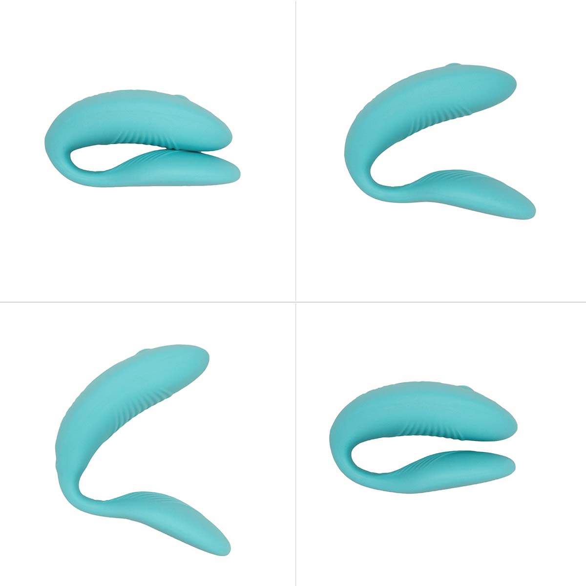 Multiple views of an aqua silicone couples vibrator bent into multiple angles Nudie Co