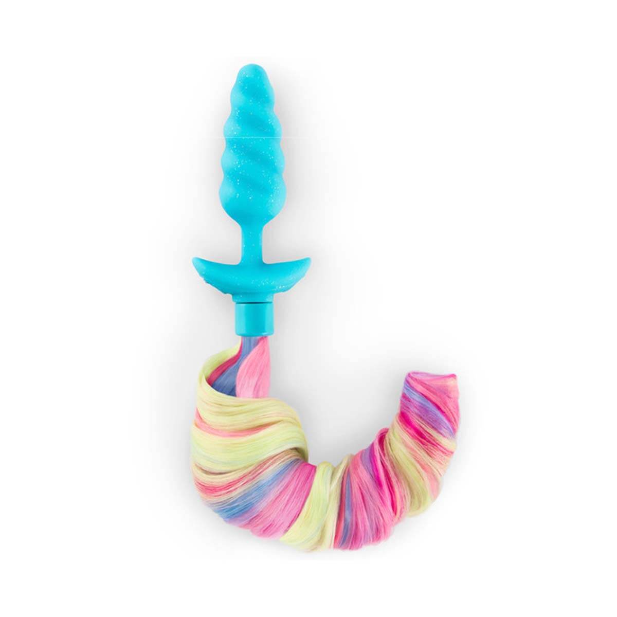 Blue textured silicone butt plug with multicoloured curly tail Nudie Co