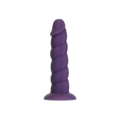 Purple girthy silicone dildo with ridges on the shaft and a suction cup at the bottom Nudie Co